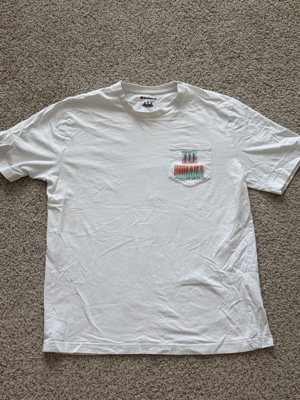 Champion White Short Sleeve Pocket Tee with Multicolor Indiana Text